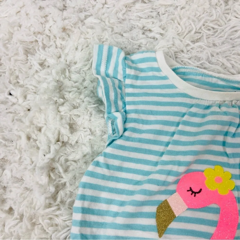 Carter's Blue and White Striped flamingo ruffle Top with pink floral shorts 3T - Picture 9 of 17